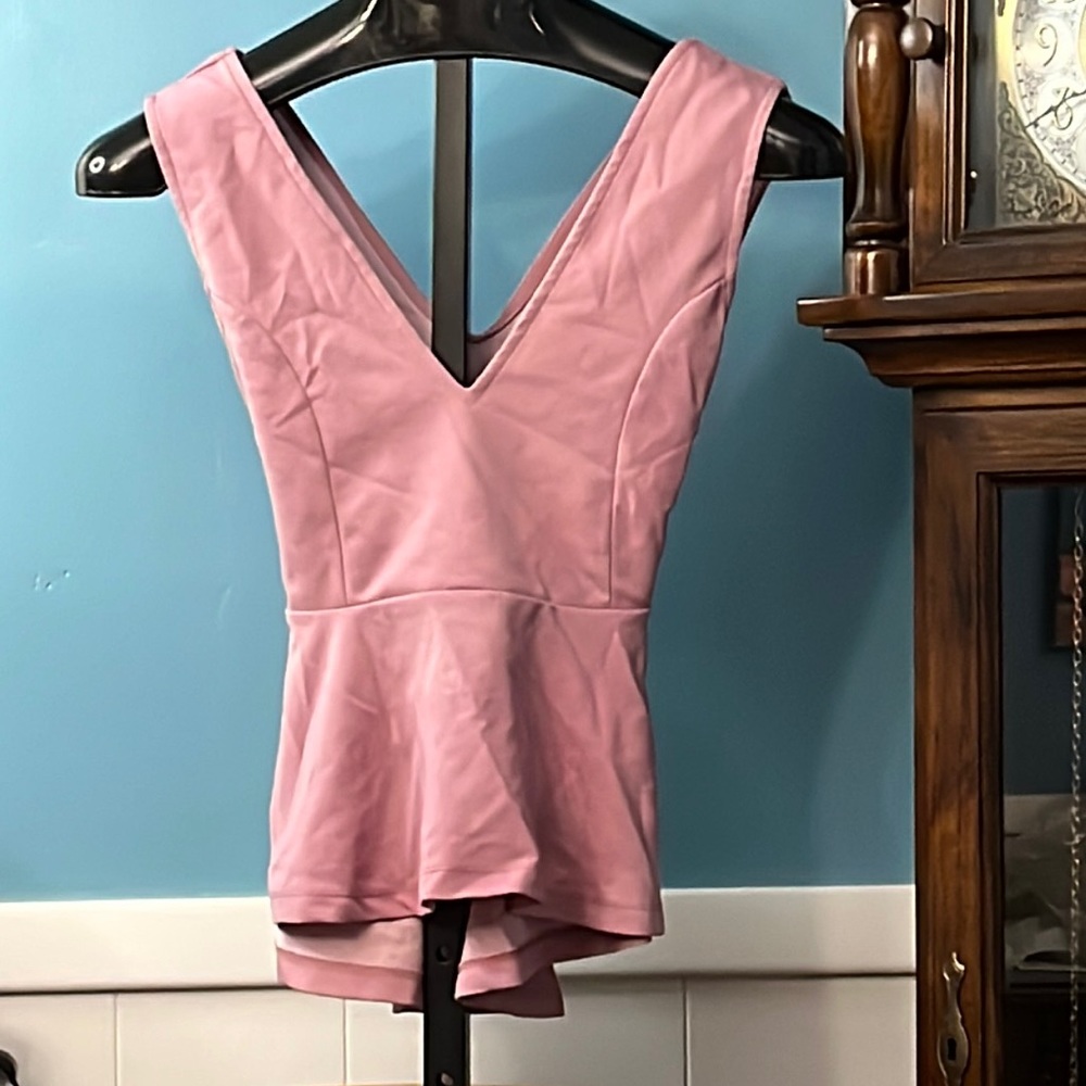 LOVE pink/mauve sleeveless blouse, fitted with back tie, flare bottom, v neck